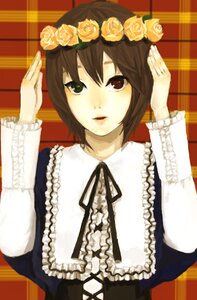 Rating: Safe Score: 0 Tags: 1girl brown_hair dress flower frills head_wreath heterochromia image long_sleeves rose short_hair solo souseiseki upper_body User: admin