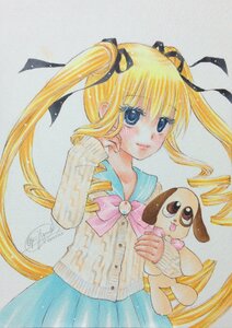 Rating: Safe Score: 0 Tags: 1girl blonde_hair blue_eyes hair_ribbon image long_hair long_sleeves marker_(medium) pleated_skirt ribbon school_uniform shinku simple_background skirt smile solo stuffed_animal traditional_media twintails very_long_hair User: admin