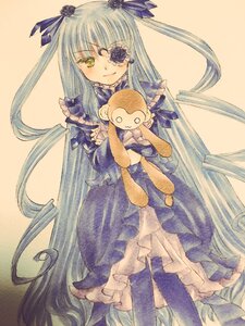 Rating: Safe Score: 0 Tags: 1girl barasuishou dress eyepatch flower frills green_eyes hair_flower hair_ornament image lolita_fashion long_hair rose smile solo stuffed_animal traditional_media very_long_hair User: admin