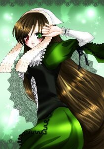 Rating: Safe Score: 0 Tags: 1girl blush brown_hair dress frills green_dress green_eyes heterochromia image long_hair long_sleeves looking_at_viewer looking_back outdoors red_eyes solo suiseiseki very_long_hair User: admin