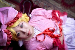 Rating: Safe Score: 0 Tags: 1girl blonde_hair blurry blurry_foreground depth_of_field dress flower frills green_eyes hat hinaichigo lips looking_at_viewer makeup photo realistic solo umbrella User: admin