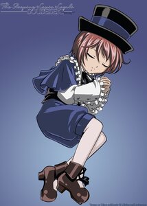 Rating: Safe Score: 0 Tags: 1girl artist_name blue_background boots bow brown_hair capelet closed_eyes copyright_name frills full_body gradient gradient_background hat image long_sleeves pantyhose short_hair solo souseiseki top_hat watermark web_address white_legwear User: admin