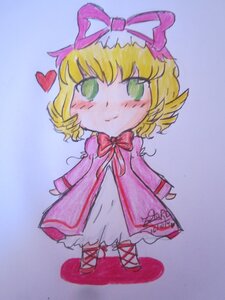 Rating: Safe Score: 0 Tags: 1girl artist_name blonde_hair blush bow bowtie chibi dress green_eyes hat heart hina_ichigo hinaichigo image looking_at_viewer pink_bow ribbon short_hair smile solo standing traditional_media User: admin