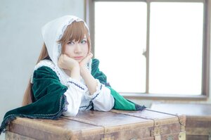 Rating: Safe Score: 0 Tags: 1girl bangs blue_eyes blurry brown_hair chin_rest depth_of_field fur_trim green_coat green_dress green_jacket head_rest hood indoors long_sleeves sitting solo suiseiseki window User: admin