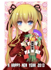 Rating: Safe Score: 0 Tags: 1girl black_ribbon blonde_hair blue_eyes blush fan hair_ribbon holding image japanese_clothes long_hair looking_at_viewer ribbon shinku smile solo twintails User: admin