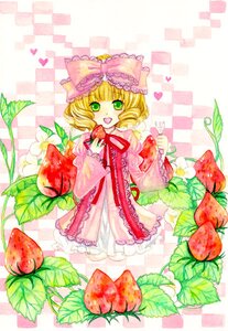 Rating: Safe Score: 0 Tags: 1girl argyle argyle_background blonde_hair bow checkered checkered_background dress food frills fruit green_eyes hair_bow heart hina_ichigo hinaichigo image open_mouth pink_bow short_hair smile solo strawberry User: admin