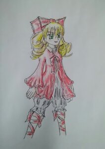 Rating: Safe Score: 0 Tags: 1girl blonde_hair bow dress full_body green_eyes grey_background hina_ichigo hinaichigo image long_hair long_sleeves pink_dress simple_background smile solo standing traditional_media User: admin