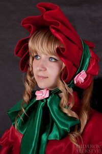 Rating: Safe Score: 0 Tags: 1girl artist_name blonde_hair blue_eyes bow closed_mouth flower hood lips nose portrait rose shinku solo upper_body User: admin