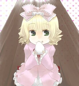 Rating: Safe Score: 0 Tags: 1girl blonde_hair blush bow curtains eating food food_on_face frills green_eyes heart hina_ichigo hinaichigo holding holding_food image long_sleeves looking_at_viewer short_hair sitting solo User: admin