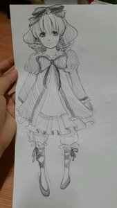 Rating: Safe Score: 0 Tags: 1girl bow dress frills front_ponytail hair_ribbon hinaichigo image kagiyama_hina long_hair looking_at_viewer monochrome ribbon smile solo traditional_media User: admin