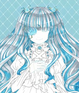 Rating: Safe Score: 0 Tags: 1girl argyle argyle_background bangs blue_flower blue_hair blue_rose dress eyepatch flower hair_ornament honeycomb_(pattern) image kirakishou long_hair rose smile solo traditional_media User: admin