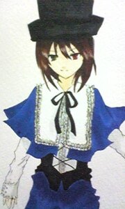 Rating: Safe Score: 0 Tags: 1girl blue_dress blurry dress hat heterochromia image long_sleeves looking_at_viewer red_eyes ribbon short_hair solo souseiseki User: admin