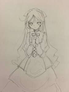 Rating: Safe Score: 0 Tags: 1girl dress eyebrows_visible_through_hair greyscale hands_clasped image long_hair long_sleeves looking_at_viewer monochrome own_hands_together sketch solo suiseiseki traditional_media very_long_hair User: admin