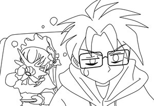 Rating: Safe Score: 0 Tags: 1boy 1girl comic dress eyebrows_visible_through_hair glasses greyscale image long_sleeves maid monochrome shinku simple_background solo spiked_hair white_background User: admin