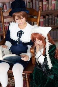 Rating: Safe Score: 0 Tags: 2girls book bookshelf brown_hair chair closed_eyes dress hat library long_hair long_sleeves multiple_cosplay multiple_girls pantyhose sitting tagme white_legwear User: admin