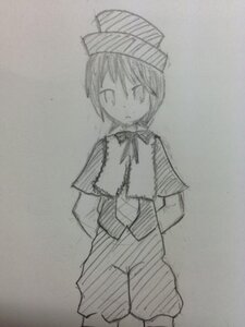 Rating: Safe Score: 0 Tags: 1girl auto_tagged capelet hat image long_sleeves monochrome short_hair shorts solo souseiseki standing striped traditional_media User: admin