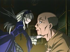 Rating: Safe Score: 0 Tags: 1boy 1girl dress facial_hair frills hairband image long_hair long_sleeves looking_at_another silver_hair solo suigintou wings User: admin