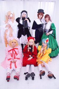 Rating: Safe Score: 0 Tags: 6+girls blonde_hair blue_eyes bow brown_hair closed_eyes dress frills hair_ornament hat long_hair multiple_cosplay multiple_girls pantyhose red_hair ribbon rose striped striped_legwear tagme User: admin