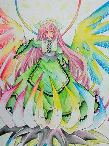 Rating: Safe Score: 0 Tags: 1girl colored_pencil_(medium) dress frills green_dress hat heterochromia image long_hair long_sleeves looking_at_viewer marker_(medium) pink_hair red_eyes ribbon solo suiseiseki traditional_media very_long_hair watercolor_(medium) wings User: admin