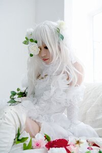 Rating: Safe Score: 0 Tags: 1girl blurry depth_of_field dress flower kirakishou leaf lips long_hair plant sitting solo white_dress white_flower white_hair white_rose User: admin