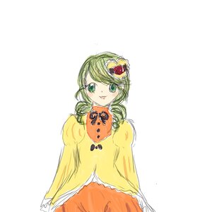 Rating: Safe Score: 0 Tags: 1girl food fruit green_eyes green_hair hair_ornament image kanaria looking_at_viewer orange_shirt smile solo white_background User: admin