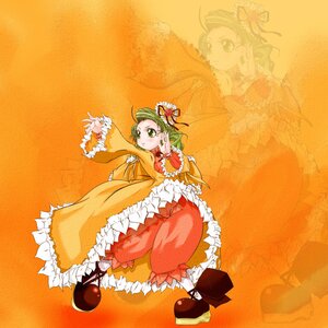 Rating: Safe Score: 0 Tags: 1girl dress flower frills full_body green_eyes green_hair hair_ornament image kanaria long_hair long_sleeves orange_background orange_dress shoes solo User: admin