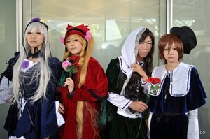 Rating: Safe Score: 0 Tags: 4girls 5girls bangs black_dress black_hair blonde_hair blue_eyes brown_hair dress flower hair_ornament hat holding hood long_hair long_sleeves looking_at_viewer multiple_cosplay multiple_girls rose short_hair signature silver_hair smile tagme User: admin