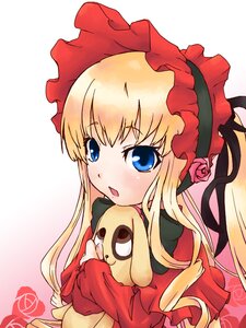 Rating: Safe Score: 0 Tags: 1girl blonde_hair blue_eyes blush bonnet bow dress flower image long_hair long_sleeves looking_at_viewer pink_flower pink_rose red_dress red_flower red_rose rose shinku solo User: admin