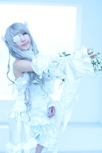Rating: Safe Score: 0 Tags: 1girl bare_shoulders blindfold blurry bouquet dress eyepatch flower frills hair_flower hair_ornament kirakishou lips long_hair solo white_flower User: admin