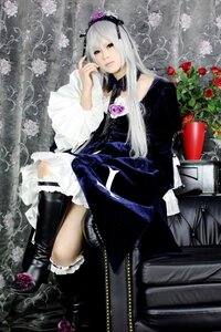 Rating: Safe Score: 0 Tags: 1girl boots dress flower frills gothic_lolita hairband kneehighs lolita_fashion long_hair rose silver_hair sitting solo suigintou User: admin