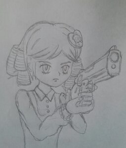 Rating: Safe Score: 0 Tags: 1girl drill_hair greyscale gun hair_ornament handgun holding holding_gun holding_weapon image kanaria long_sleeves monochrome photo pistol revolver solo traditional_media twin_drills upper_body weapon User: admin