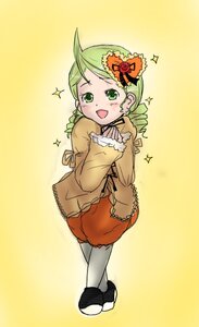 Rating: Safe Score: 0 Tags: +_+ 1girl :d ahoge blush drill_hair full_body green_eyes green_hair image kanaria open_mouth smile solo sparkle sparkle_background yellow_background User: admin