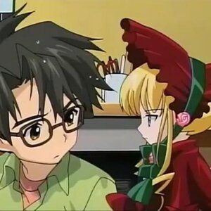 Rating: Safe Score: 0 Tags: 1boy 1girl black_hair blonde_hair blush bonnet bow dress glasses green_jacket green_neckwear image long_sleeves red_dress shinku sidelocks solo User: admin