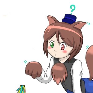 Rating: Safe Score: 0 Tags: ? animal_ears blush brown_hair green_eyes hat heterochromia image kemonomimi_mode multiple_girls paws red_eyes solo souseiseki striped tail top_hat white_background User: admin