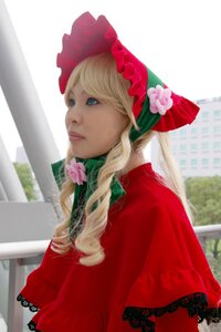 Rating: Safe Score: 0 Tags: 1girl blonde_hair blue_eyes bonnet building dress drill_hair flower frills lips long_hair photo red_dress ringlets rose shinku solo upper_body User: admin