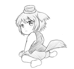 Rating: Safe Score: 0 Tags: 1girl :< animal_ears chibi greyscale hat image looking_at_viewer looking_back monochrome short_hair sitting sleeveless solo souseiseki tail tate_eboshi white_background User: admin
