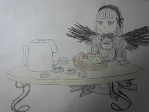 Rating: Safe Score: 0 Tags: 1girl black_wings chair cup dress feathered_wings food frills hairband image long_sleeves monochrome photo solo suigintou table traditional_media wings User: admin