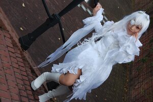 Rating: Safe Score: 0 Tags: 1girl boots dress eyepatch kirakishou knee_boots outdoors solo standing weapon white_dress white_footwear white_hair User: admin