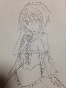 Rating: Safe Score: 0 Tags: 1girl capelet closed_mouth costume_switch cowboy_shot eyebrows_visible_through_hair frills greyscale hair_between_eyes hairband image long_sleeves looking_at_viewer monochrome short_hair solo traditional_media User: admin