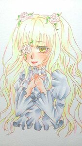 Rating: Safe Score: 0 Tags: 1girl bangs blonde_hair dress flower frills hair_flower hair_ornament hands_on_own_chest image juliet_sleeves kirakishou long_hair long_sleeves one_eye_closed rose solo traditional_media watercolor_(medium) white_flower white_rose User: admin