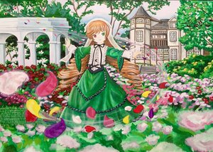 Rating: Safe Score: 0 Tags: 1girl brown_hair dress flower frills garden green_dress green_eyes heterochromia image long_hair long_sleeves looking_at_viewer petals red_eyes ribbon solo suiseiseki very_long_hair watering_can User: admin