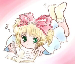 Rating: Safe Score: 0 Tags: 1girl blonde_hair blush book bow dress eighth_note full_body green_eyes hina_ichigo hinaichigo image long_sleeves looking_at_viewer lying musical_note on_stomach open_book pink_bow reading smile socks solo User: admin