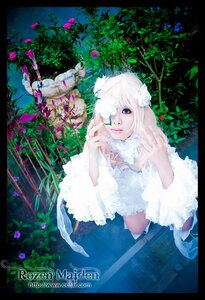 Rating: Safe Score: 0 Tags: 1girl black_border blue_eyes boots dress flower hair_over_one_eye kirakishou letterboxed lips long_hair pillarboxed plant solo white_dress white_hair User: admin
