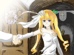 Rating: Safe Score: 0 Tags: 1girl blonde_hair blue_eyes bouquet bride dress elbow_gloves flower gloves hair_ornament image long_hair rose shinku solo tears veil wedding_dress white_flower white_rose User: admin
