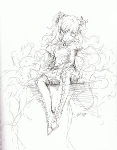 Rating: Safe Score: 0 Tags: 1girl boots cross-laced_footwear dress frills greyscale hair_ornament image kirakishou long_hair monochrome sitting sketch solo User: admin