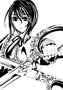 Rating: Safe Score: 0 Tags: 1girl blush frills greyscale image looking_at_viewer monochrome ribbon serious short_hair solo souseiseki striped weapon User: admin