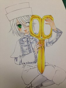 Rating: Safe Score: 0 Tags: 1girl capelet frills green_eyes hat image long_sleeves photo short_hair simple_background solo souseiseki top_hat traditional_media white_hair User: admin