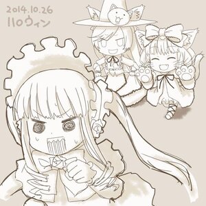 Rating: Safe Score: 0 Tags: 3girls animal_ears blush bow cat_ears dress flower hair_flower hair_ornament halloween hat image long_hair monochrome multiple_girls open_mouth paws shinku smile solo tail User: admin