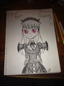 Rating: Safe Score: 0 Tags: 1girl black_wings detached_collar dress frown hairband image long_hair long_sleeves looking_at_viewer marker_(medium) photo shikishi simple_background solo suigintou traditional_media wings User: admin