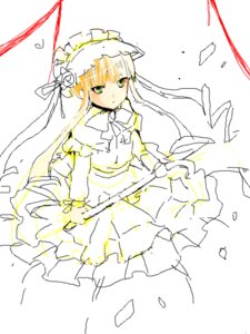 Rating: Safe Score: 0 Tags: 1girl bangs blonde_hair blunt_bangs dress flower frills green_eyes image long_hair long_sleeves petals rose shinku solo white_background User: admin